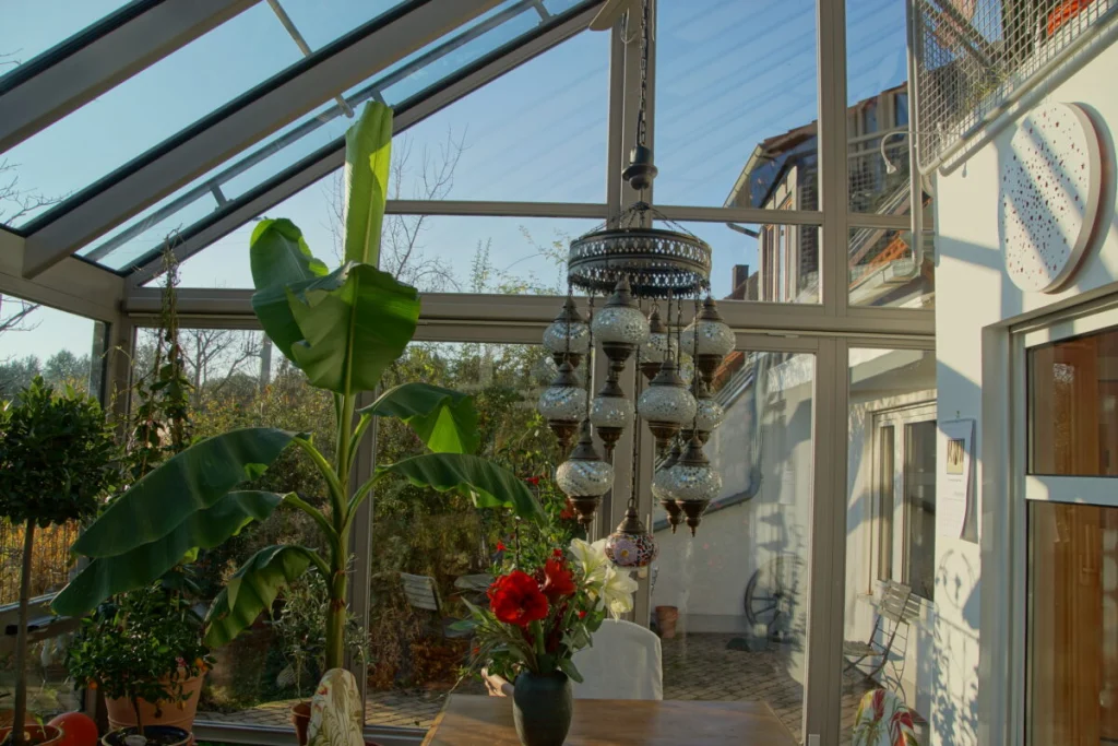 Wintergarten in Möhrendorf von innen, helle Profile, Glasdach, Bananenstaude, Mosaikleuchte und Blick in den Garten