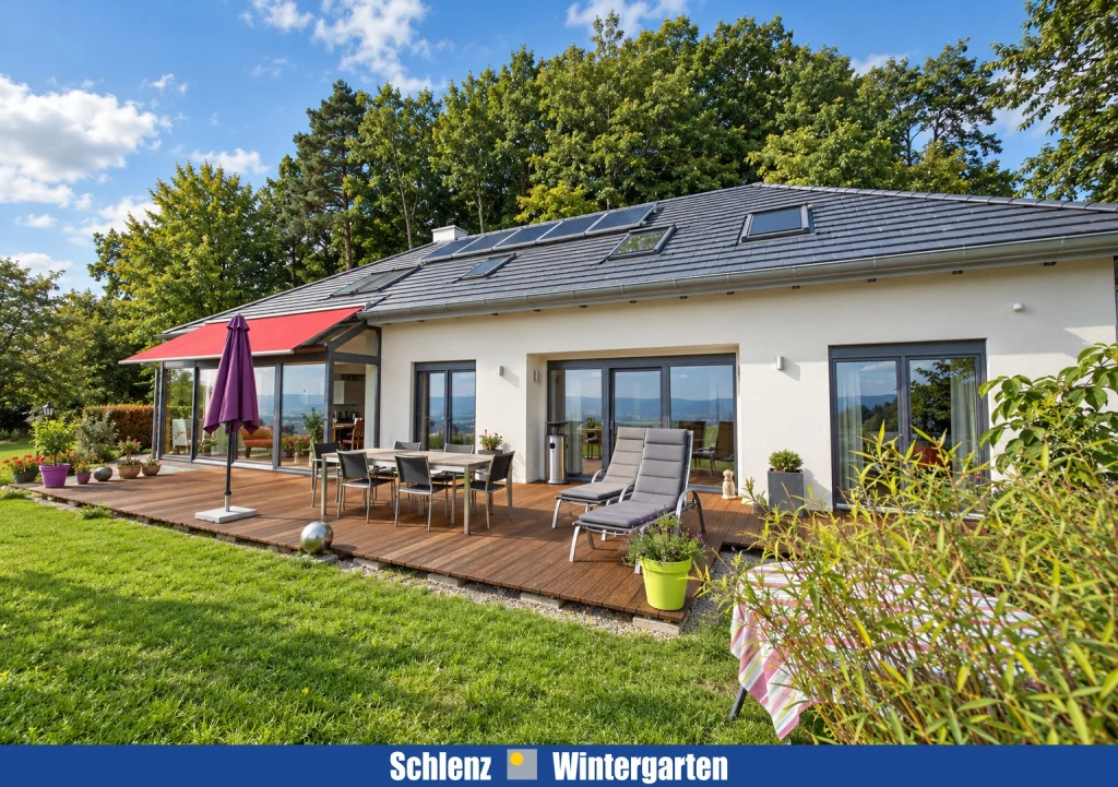 Außenansicht des Wohnhauses mit angebautem Wintergarten, Terrasse und Solaranlage, Referenzobjekt Reifenberg
