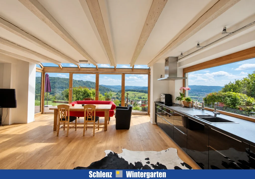 Hochwertige Einbauküche mit Spüle und Kochfeld im Wintergarten, Blick ins Grüne, Referenzobjekt Reifenberg