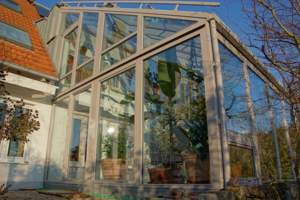 Wintergarten in Möhrendorf von unten, helle Profile über zwei Geschosse, Glasdach, Pflanzen hinter der Verglasung