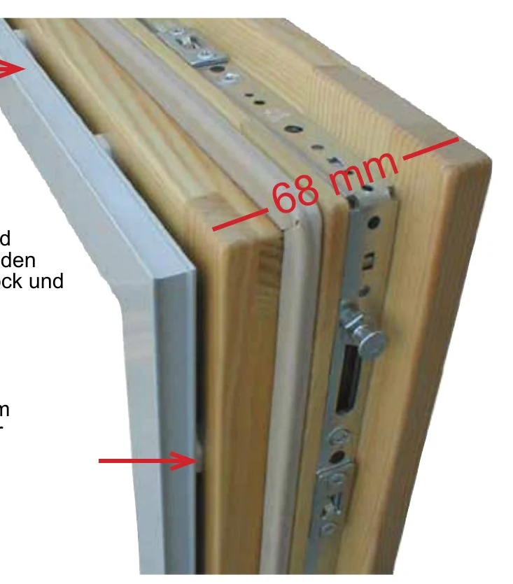 Aufgeschnittener Holz-Aluminium-Rahmen, 68 mm Holzstärke mit Beschlag
