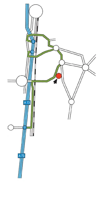 Anfahrtsskizze: A73 zwischen Forchheim und Erlangen mit den Ausfahrten Forchheim Süd, Baiersdorf Nord und Möhrendorf, Standort Hagenau