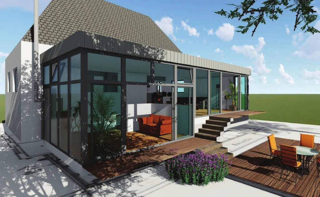 Visualisierung: Glasanbau mit Terrasse am Wohnhaus