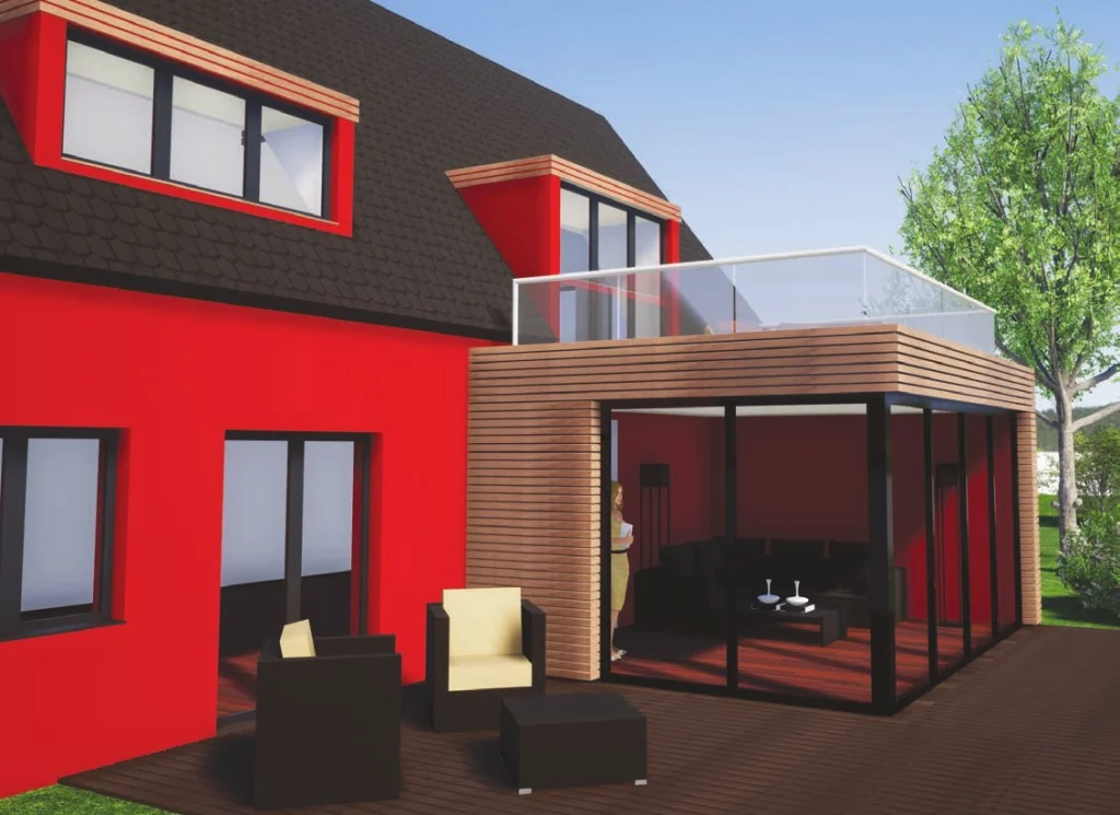 Visualisierung: Anbau mit Holzverkleidung und Dachterrasse an einem roten Haus