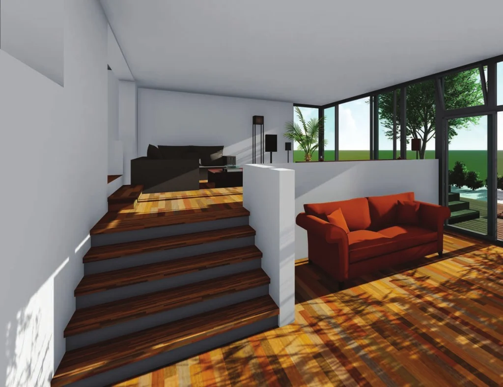 Visualisierung: Innenraum eines Anbaus mit Treppe, Sofa und Glasfront